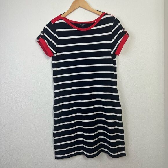 Lands End Striped Dress Round Neck Short Sleeve Navy White Summer Casual XS - Picture 2 of 8